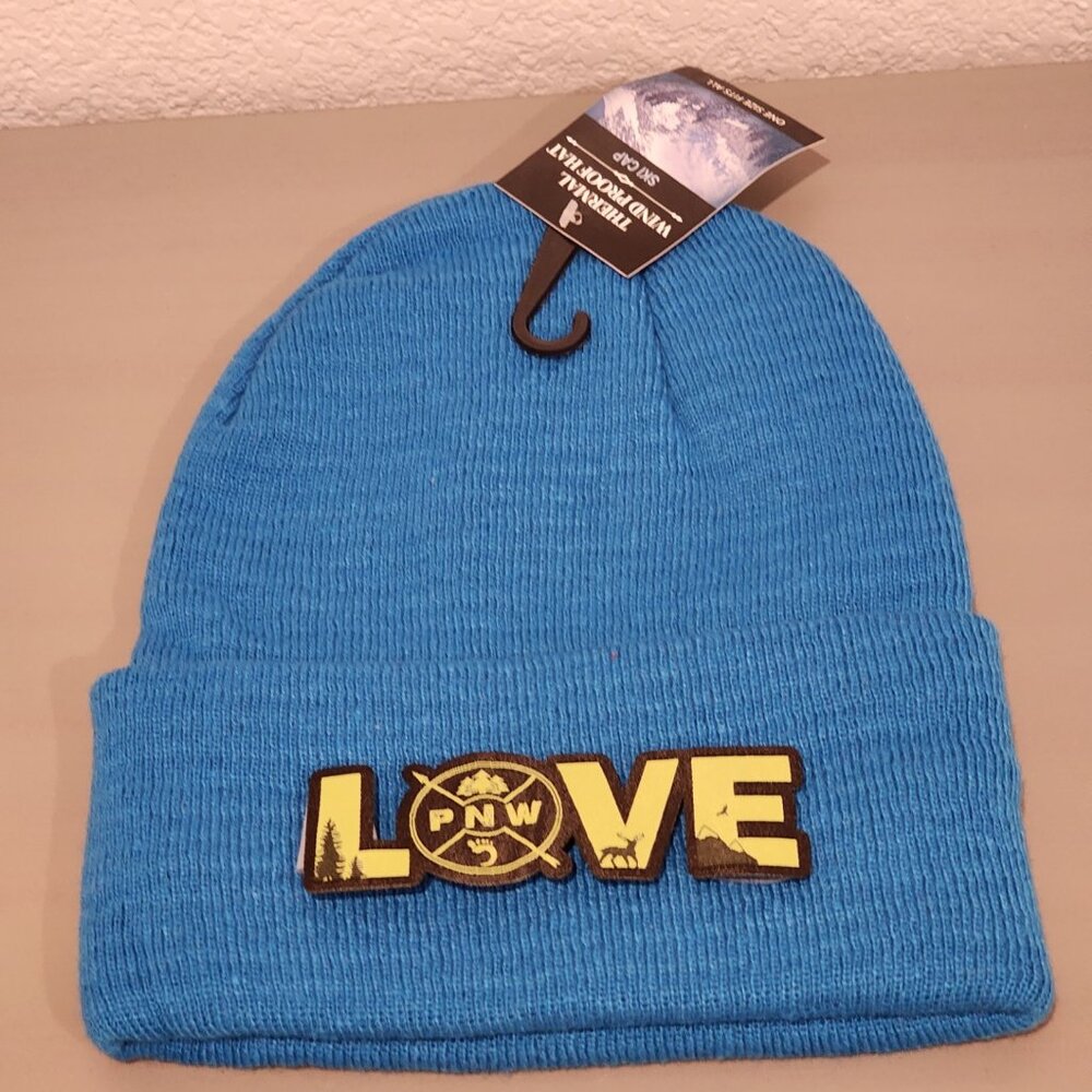 LOVE PNW Patched Knit Cuffed Beanie in Blue